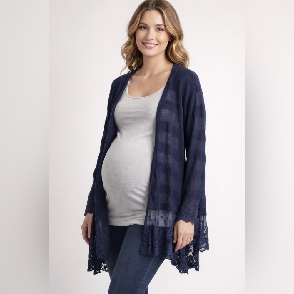 Motherhood Maternity Navy Sheer Lace Trim Cardigan Lightweight Open Front Sz XL